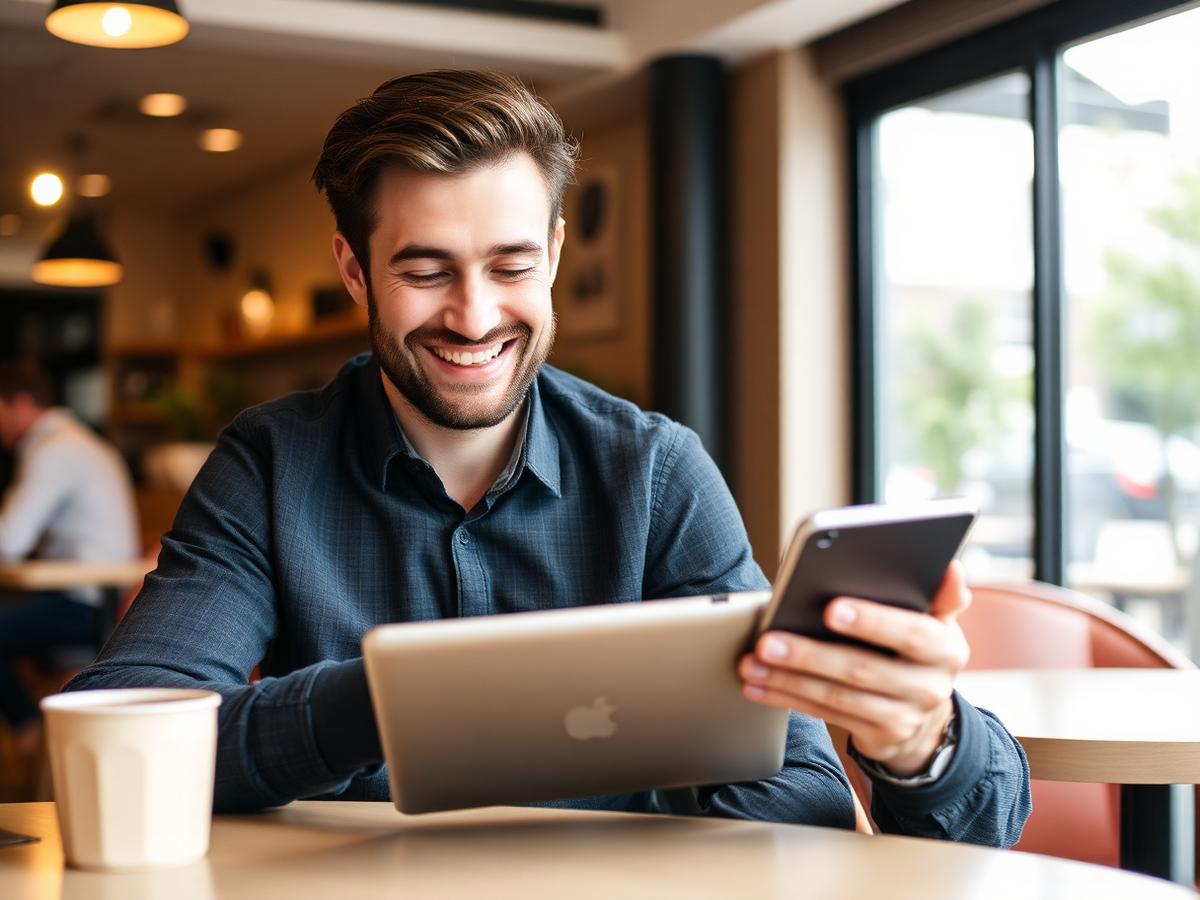 Ondernemer die zijn klantrelaties beheert op een tablet