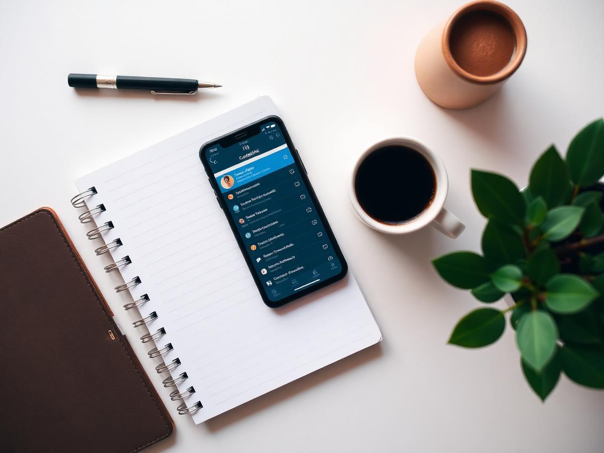 Overzichtelijke werkplek met notitieboek, koffie en smartphone met contactenlijst
